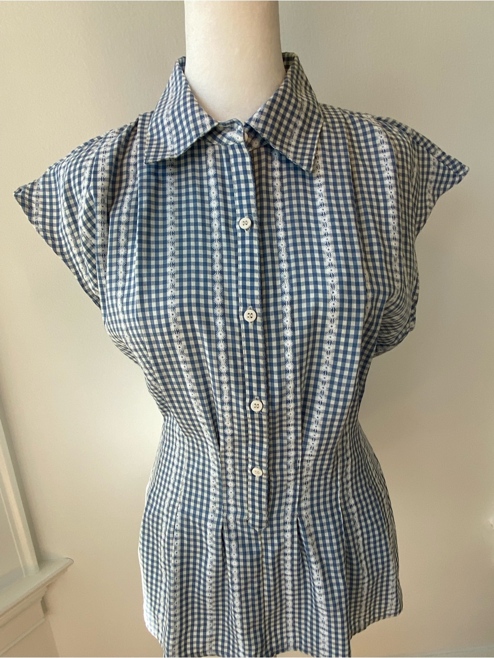 Max Studio Blue and White Gingham Cap-Sleeve Button Down